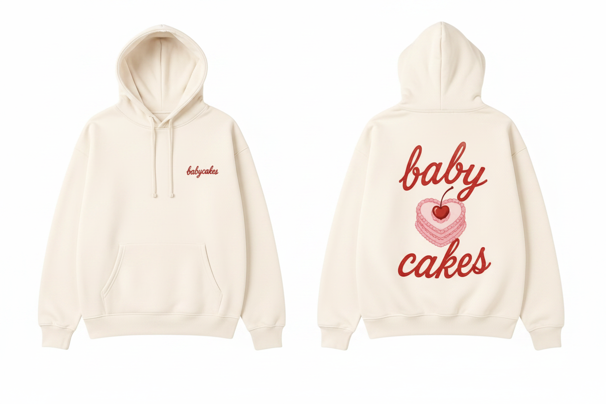 Baby Cakes Hoodie- front and back design on cream sweatshirt